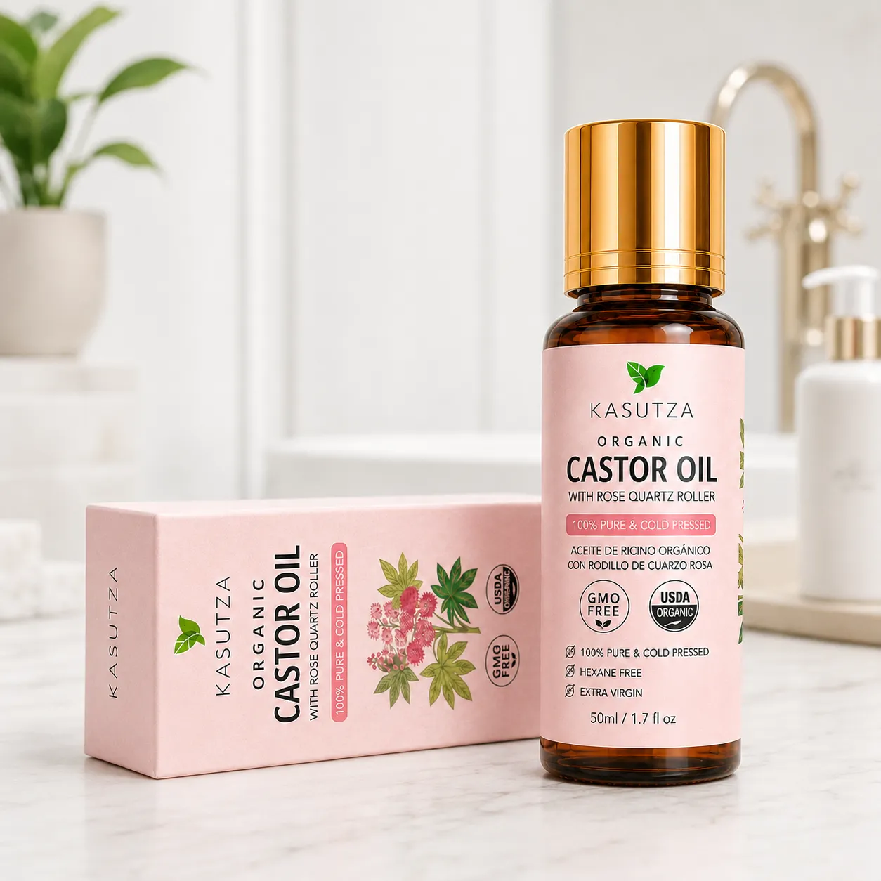 KASUTZA organic castor oil bottle and pink box on a light bathroom counter