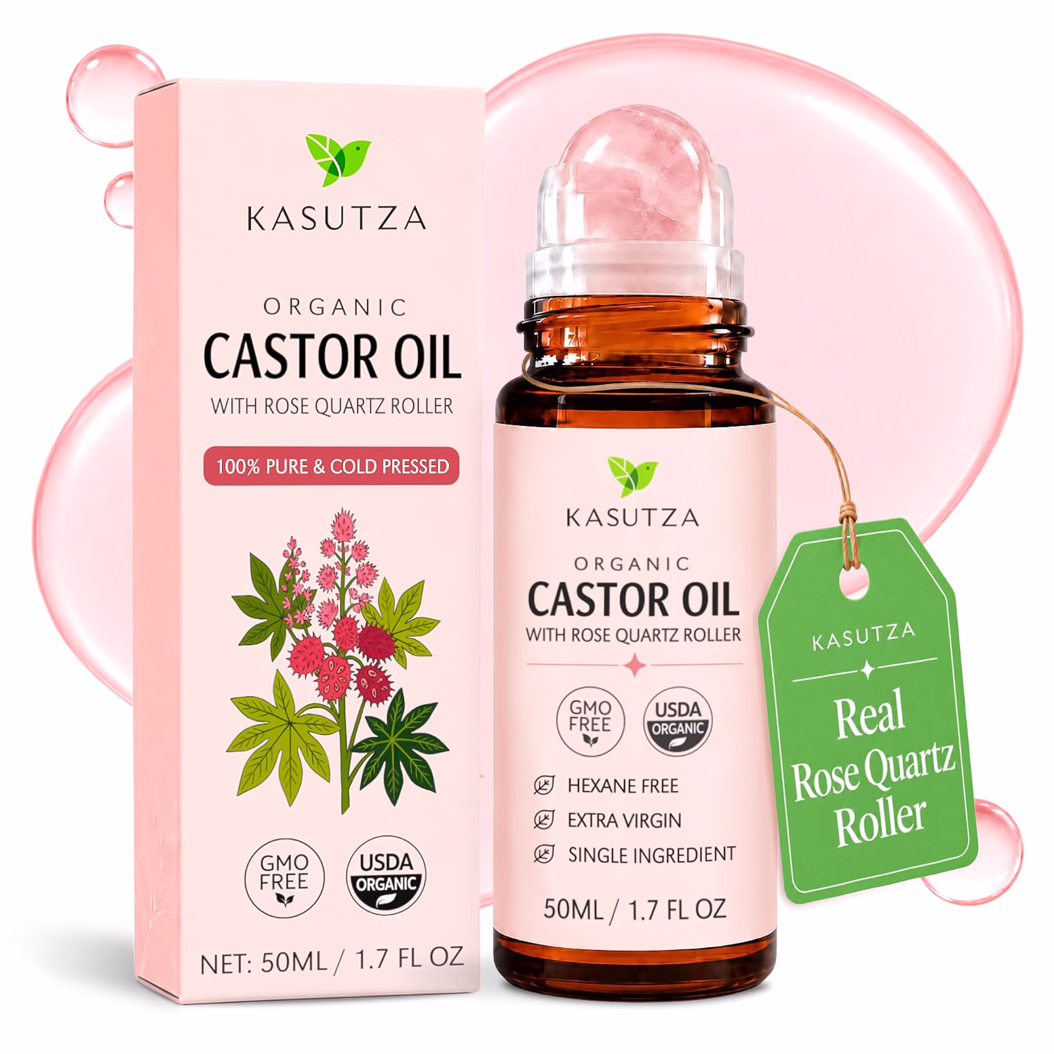 KASUTZA organic castor oil carton beside an amber roll-on bottle with a rose quartz roller
